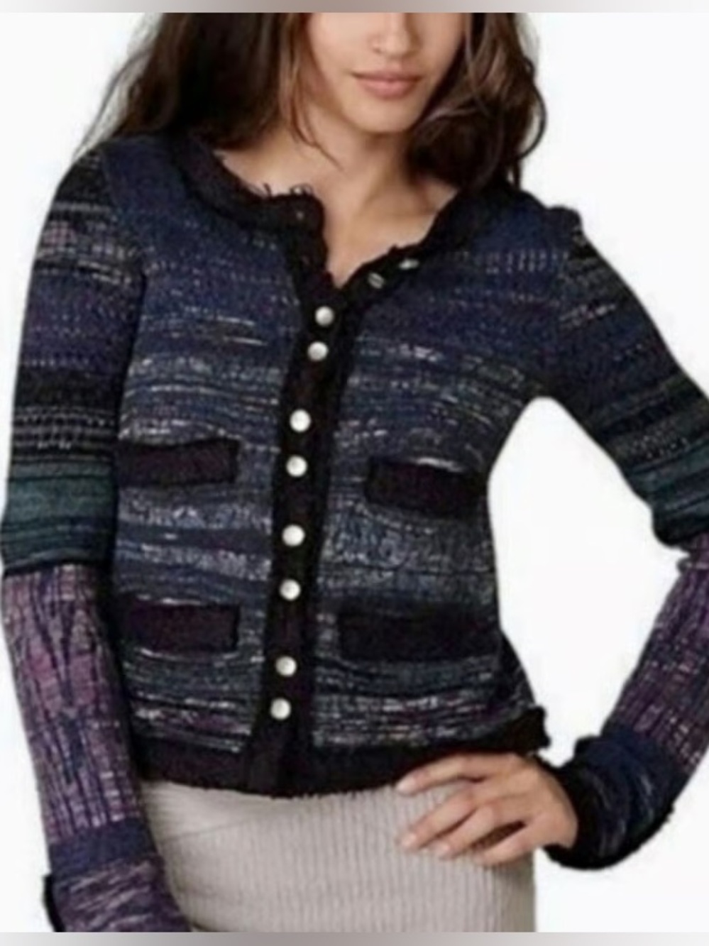 FREE PEOPLE Blue Combo Knit
Button Front Cardigan Pocket Sweater
Size Small